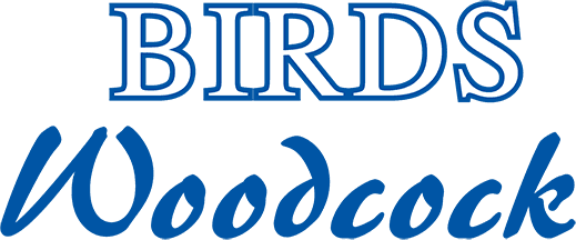Blue and white "BIRDS Woodcock" logo text on a white background